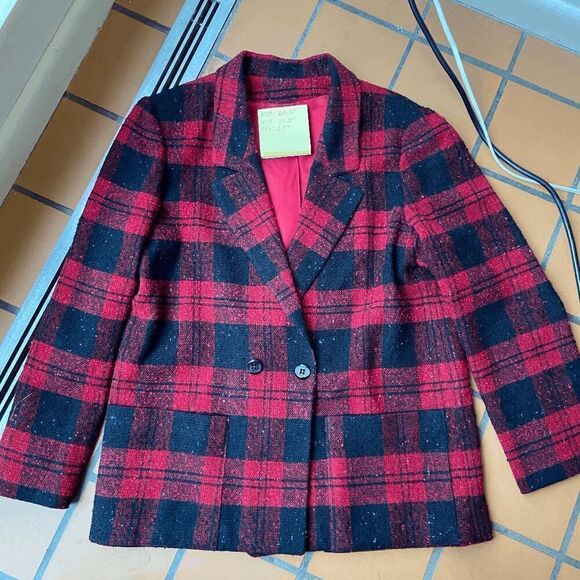 Vintage Red Wool Plaid Double-Breasted Holiday Blazer Union Made - M - Picture 5 of 10